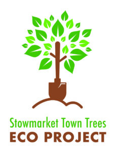 illustrated tree with green leaves and a brown spade as a trunk. Text reads stowmarket town trees eco projects