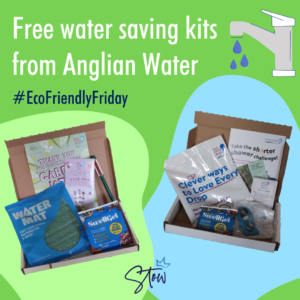 Picture of Anglian water's water saving kits on a green background